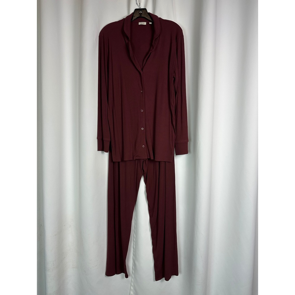 Aritzia Burgundy Ribbed Knit Long Sleeve Pajama Set Lounge Top w Pants Size M